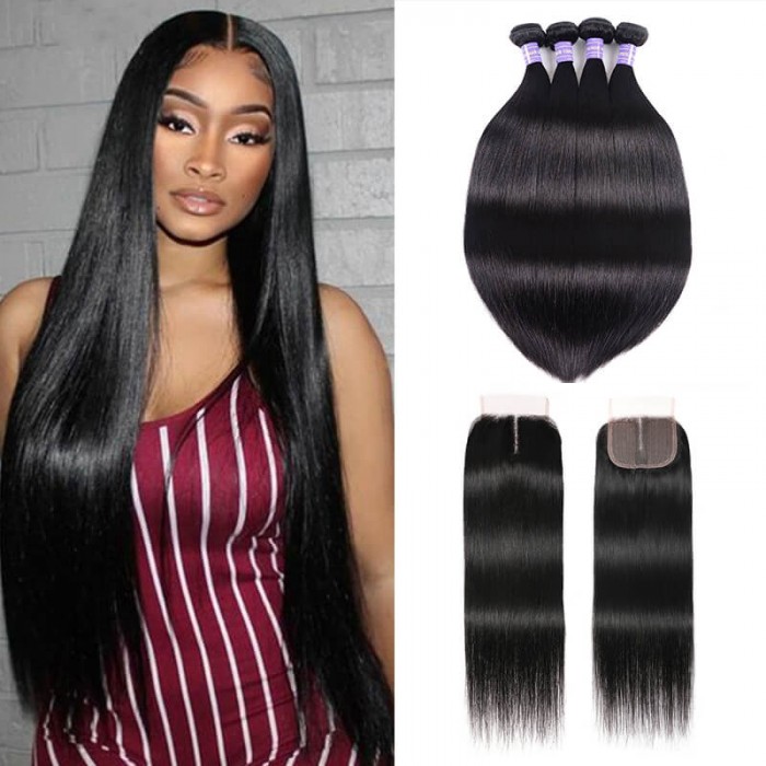 Hurela Straight Natural Black 4 Bundles Hair With T Part Lace Closure