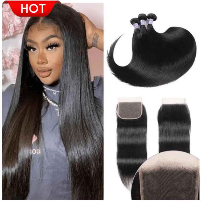 Hurela 3 Bundles Hair Brazilian Straight Hairstyles 4X4 Lace Closure Free Part Human Hair Natural Color