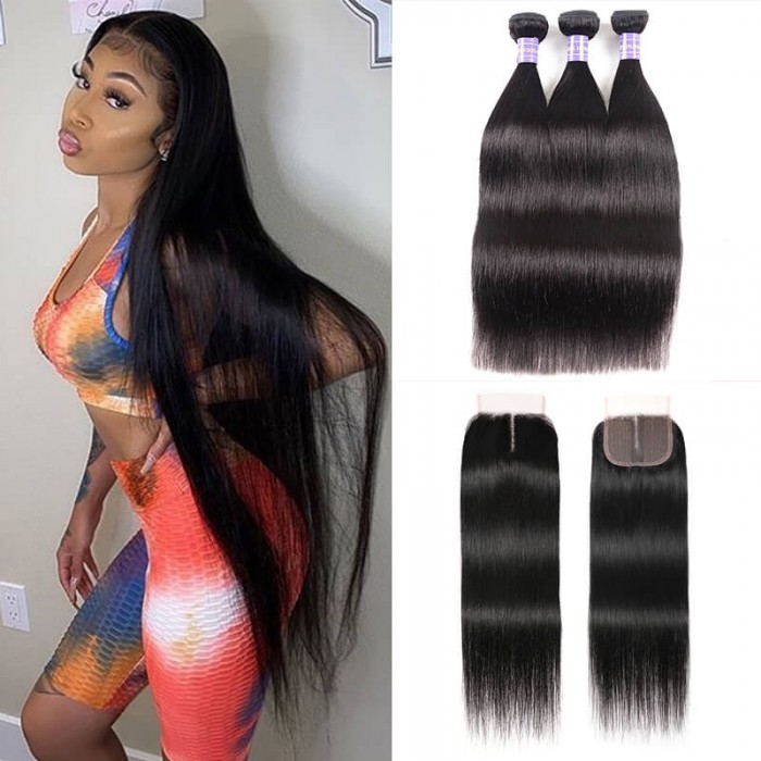 Hurela Brazilian T Part Lace Closure With 3 Bundles Straight Hair