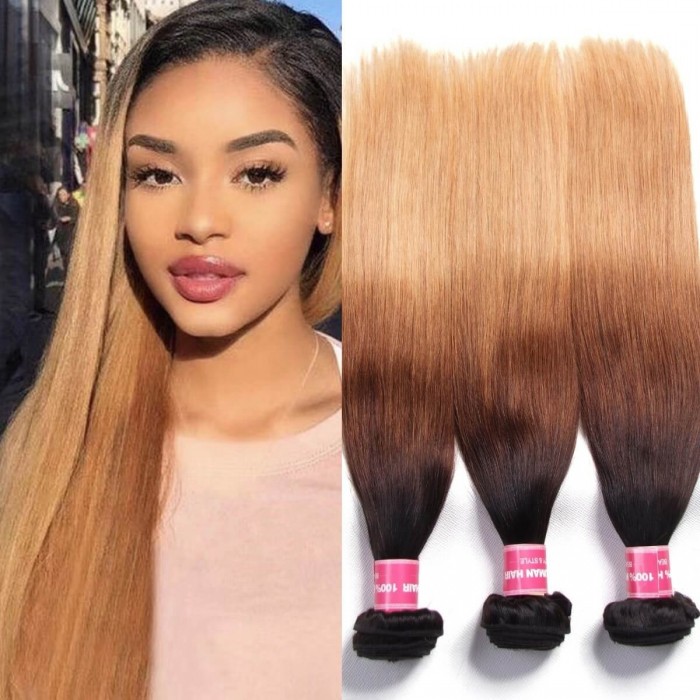 Hurela Ombre Highlights Straight Human Hair 4x4 Lace Closure Virgin Human Hair Weave #FB30