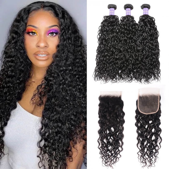 Hurela Hair Brazilian Hair Water Wave 3 Bundles With 4x4 Lace Closure