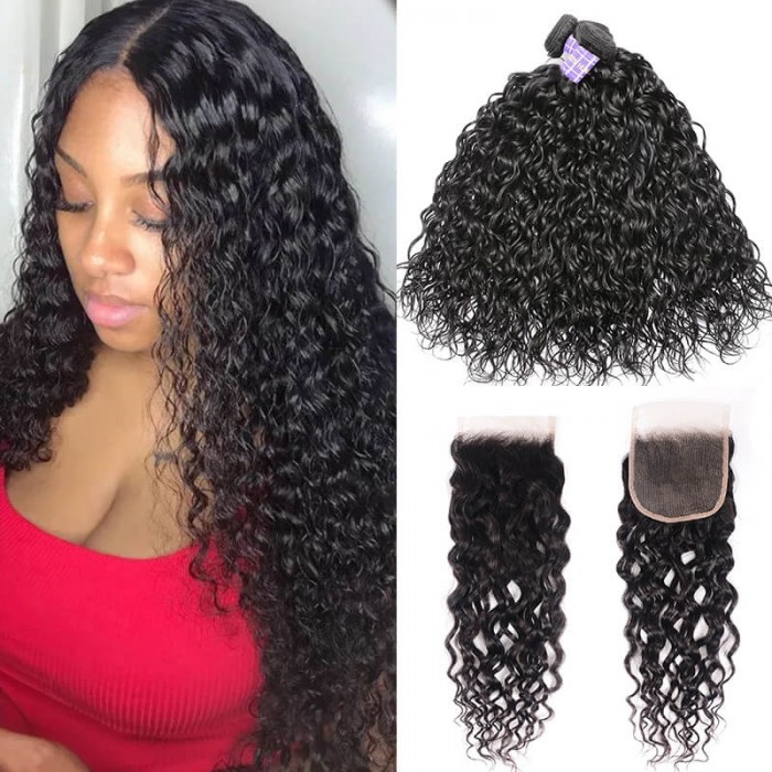 Hurela Hair Peruvian Hair Water Wave 3 Bundles With 4x4 Lace Closure