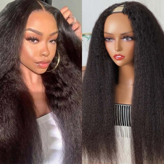 Hurela V Part No Lace No Gel Wigs 100% Virgin Human Kinky Straight Upgrade U Shape Wigs Natural Color