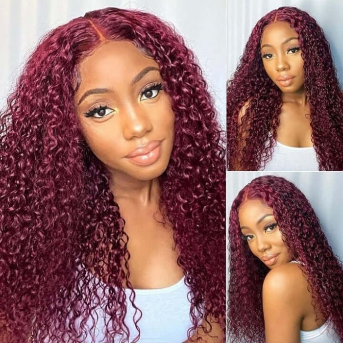 Hurela Jerry Curly Lace Part Wig Dark Red Colored Wigs #99J Remy Human Hair 150% Density