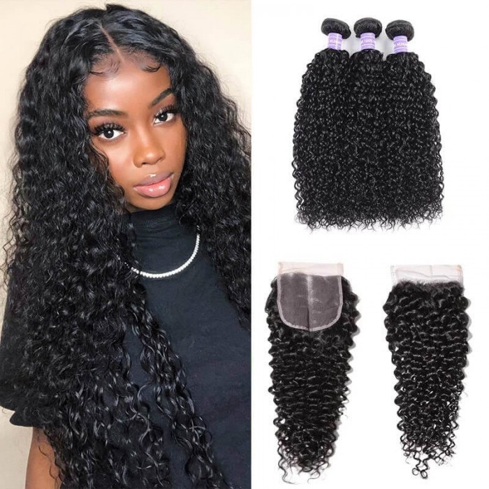 Hurela 7A Peruvian Virgin Hair Curly Weave Human Hair 3 Bundles With Lace Closure Deals