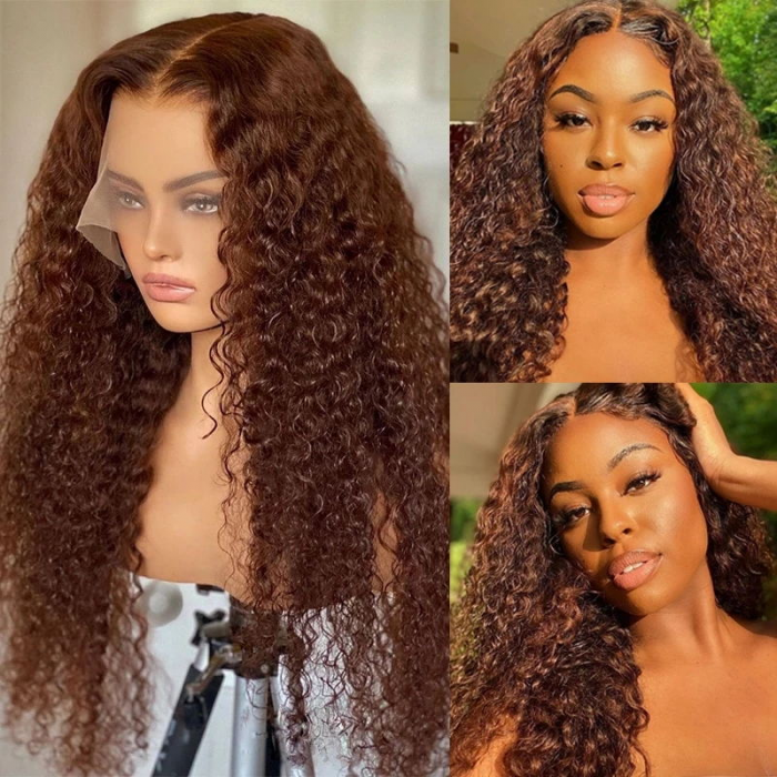 Hurela 13x4 Dark Auburn Color Kinky Curly Lace Frontal Wig Reddish Brown Lace Front Human Hair Wigs