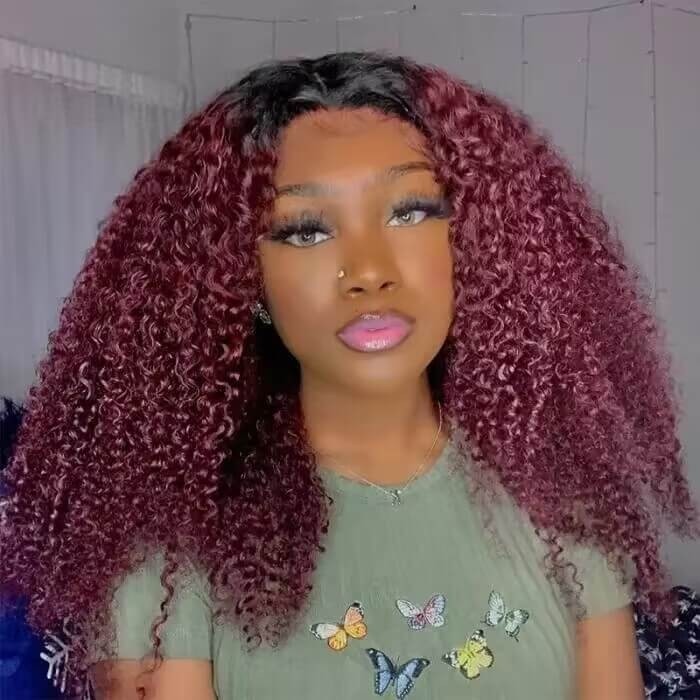 Hurela Glueless Ombre Burgundy Color V Part Wig Human Hair Jerry Curly Colored Wigs