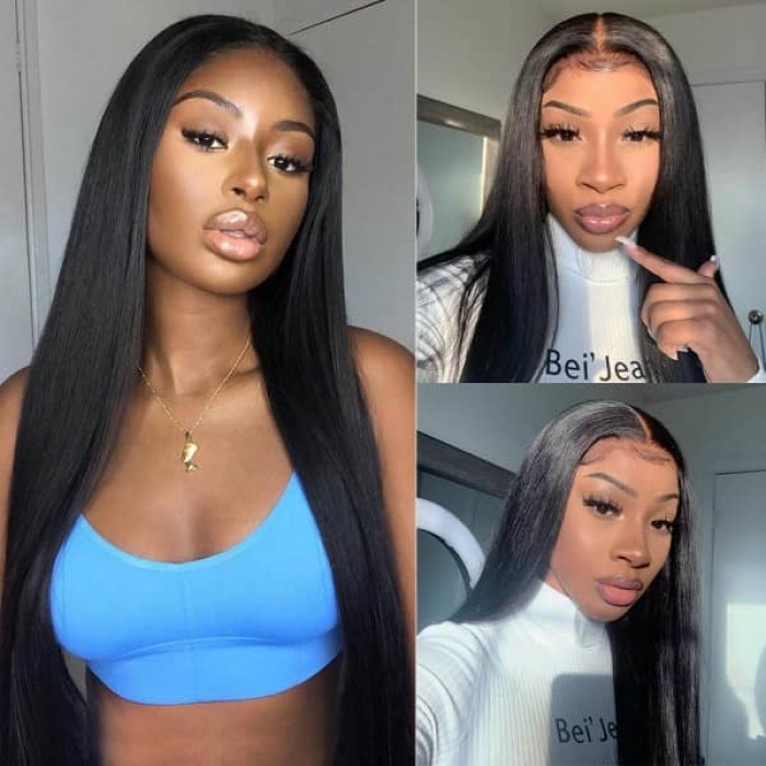 Hurela 150% Density Long Straight 13x4 Lace Frontal Wigs Natural Color