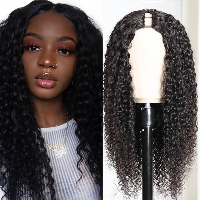Hurelawig Jerry Curly 3x1 U Part Wig Unprocessed Virgin Hair Wigs 150% Density Natural Color