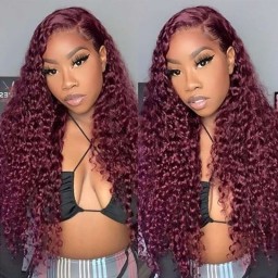 Hurela Burgundy 13x4 Lace Frontal Wigs Deep Wave Pre-plucked Human Hair Wigs With Baby Hair