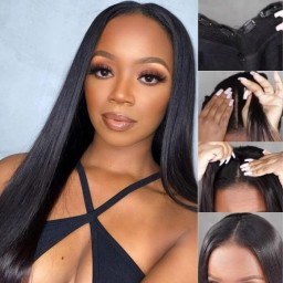 Hurela Straight V Part Wig Natural Color Human Hair Protective Style Wigs With 5 Inch Deep Part Hairline