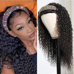 Hurela 100% Human Virgin Hair Wigs High Quality Headband Wigs Jerry Curly 150% Density Virgin Hair Afro Wig Headband Natural Black Msnaturally Mary