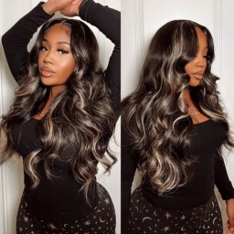 Hurela 13x4 Chocolate Brown BodyWave With Peek A Boo Blonde Highlights Loose Wave Lace Front Wig Beyoncé Inspired