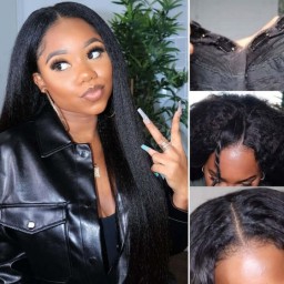 Hurela Kinky Straight V Part Wigs No Leave Out Straight Human Hair Wig Natural Color