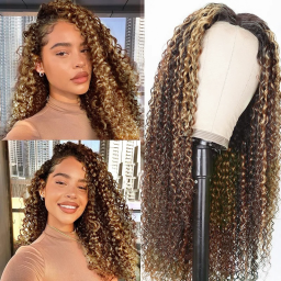 Hurela Affordable Kinky Curly Honey Blonde Highlights Wig Human Hair 13x4 Transparent Lace Frontal Wigs