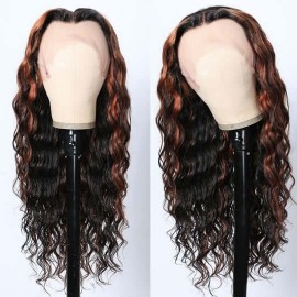 Hurela Copper Highlight Lace Frontal Human Hair Wigs Deep Body Wave Natural Color 150% Density