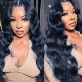 Hurela Cheap Dark Blue Body Wave 13x4 Lace Front Wigs With Baby Hair Ink Blue Black Hair