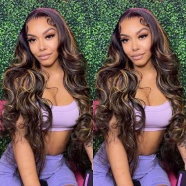 Hurela V Part Wig Highlight Balayage 13x4 Lace Frontal Body Wave Virgin Human Hair 150% Density