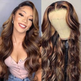 Hurela Body Wave Lace Part Wig Balayage Highlight Color Wigs With Natural Hairline Virgin Hair