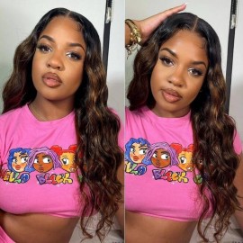 Hurela V Part Wig Highlight Balayage 13x4 Lace Frontal Body Wave Virgin Human Hair 150% Density