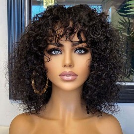 Hurela Bouncy Curly Glueless Wigs Human Hair Short Wig With Bangs Natural Black Hair 12 Inch