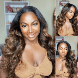 Hurela Ombre Brown Balayage Glueless Straight U Part Human Hair Wig Blonde Highlights Color #FB30 Facebook Sale