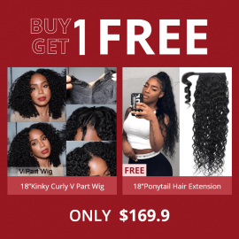 Hurela V Part Kinky Curly Human Hair Wigs Protective Style Wigs No Lace No Gel Glueless Wigs Natural Color Bogo