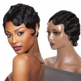 Hurela Short Finger Wave Short Hair Wigs Curly Pixie Cut Human Hair Black Color