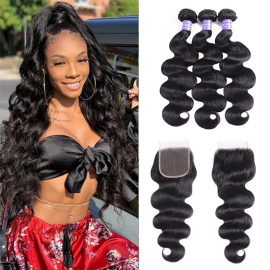 Hurela Hair 3 Bundles Body Wave Human Hair With 4x4 Lace Closure Peruvian Natural Black Hair