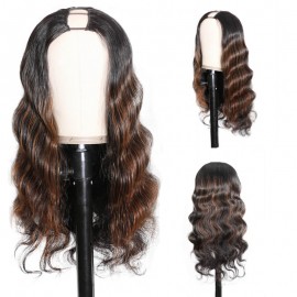 Hurela 150% Density U Part Wig Black Hair With Brown Highlights Body Wave Wig Human Hair 1x4 Inch Opening Size