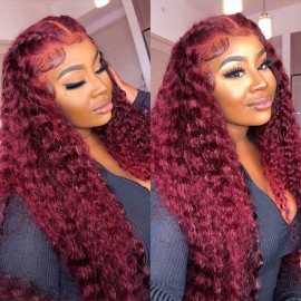 Hurela 99J Jerry Curly Lace Part Wig Dark Red Colored Wigs Wavy Middle Lace Part Wigs Remy Human Hair 150% Density