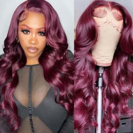 Hurela 13X4 Burgundy Lace Front Wig 99J Body Wave Human Hair Wigs Pre-plucked with Baby Hair Get IVY Same Hair Style