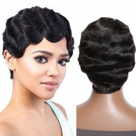 Hurela Short Finger Wave Short Hair Wigs Curly Pixie Cut Human Hair Black Color