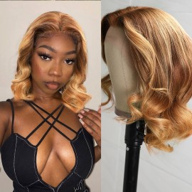 Hurela Blonde Balayage Highlights Color Celebrity Wave Bob Style Wigs 13x4 Lace Wigs 150% Density