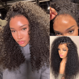Hurela Gorgeous and Luxurious Kinky Curly Glueless Human Hair Wigs Lace Frontal Wig 150% Density Natural Black