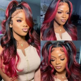 Hurela 13x4 Lace Front Dark Burgundy With Rose Red Highlights Loose Wave Wig Everyday Flashsale