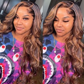 Hurela Body Wave Lace Part Wig Balayage Highlight Color Wigs With Natural Hairline Virgin Hair