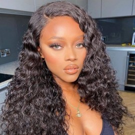 Hurela Wet And Wavy Short Deep Wave Wig Lace Part Wig Virgin Human Hair 150% Density Glueless Bob Wigs