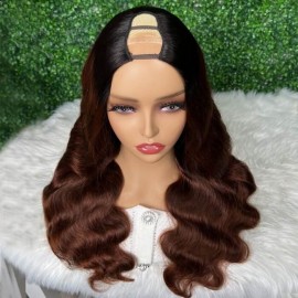 Hurela U Part Copper Red With Dark Roots Ombre Wigs Glueless Body Wave U Part Human Hair Wigs