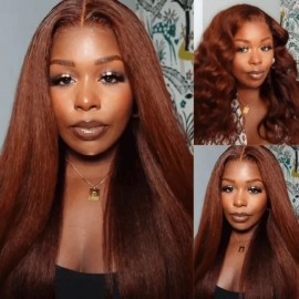Hurela Kinky Straight Reddish Brown 13x5x0.5 Lace Part Wig Dark Auburn Copper Color 13x4 Lace Frontal Human Hair Wigs 150% Density