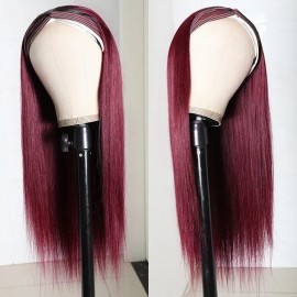 Hurela Headband Wig Straight Hairstyles hairstyles 99J Wine Red Headband Wig With Black Root 150% Density