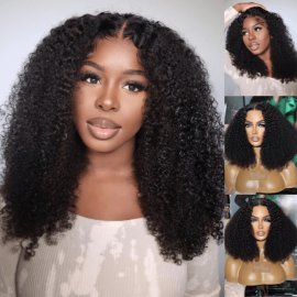 Hurela Gorgeous and Luxurious Kinky Curly Glueless Human Hair Wigs Lace Frontal Wig 150% Density Natural Black