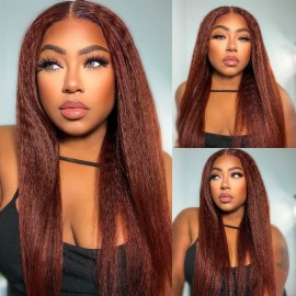 Hurela High Quality Kinky Straight Dark Auburn Copper Color 13x5x0.5 Lace Part Wig 13x4 Lace Frontal Human Hair Wigs 150% Density