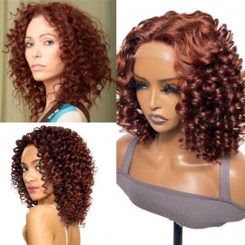 Hurela Reddish Brunette 4x0.75 Middle Part Lace Bob Wig With Ringlets Color #33B
