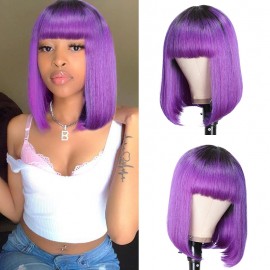 Hurela Ombre Purple Bob Human Hair Wig With Bangs 12 Inch Colored Short Bob Blunt Cut Wigs For Girls