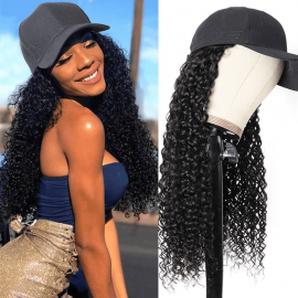 Hurela Baseball Cap Wig Hat Jerry Curly Human Hair Wigs Adjustable Hat Wig For Girl 150% Density Natural Black