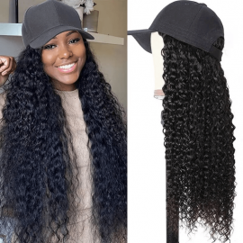 Hurela Baseball Cap Wig Hat Jerry Curly Human Hair Wigs Adjustable Hat Wig For Girl 150% Density Natural Black