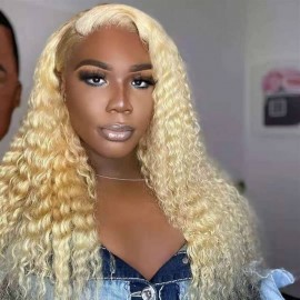 Hurela Water Wave Blond Wig 13x4 Lace Frontal Wig 150% Density With Pre plucked Wig Color #613