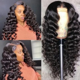 Hurela Cheap Deep Wave Wig T Part Wig Natural Virgin Human Hair Black Wigs 150% Density