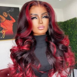 Hurela 13x4 Lace Front Dark Burgundy With Rose Red Highlights Loose Wave Wig Everyday Flashsale